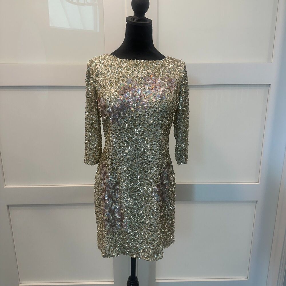 Vintage Gold Sequin Boatneck Mini Bodycon Dress 3/4 Sleeve Built-In Cups Size 10